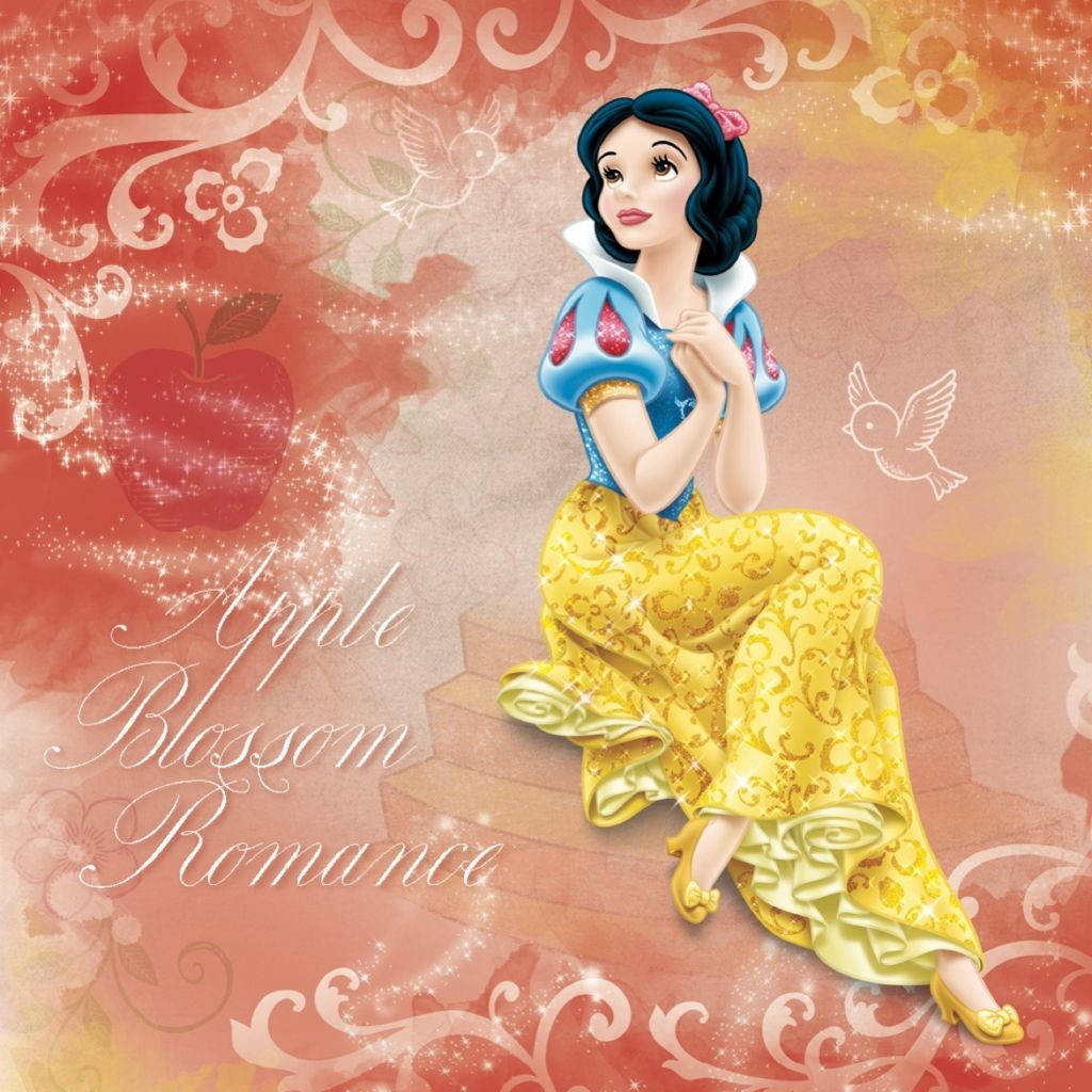 Snow White, golden gown, sparkling red and orange floral backdrop, SD Desktop Wallpaper