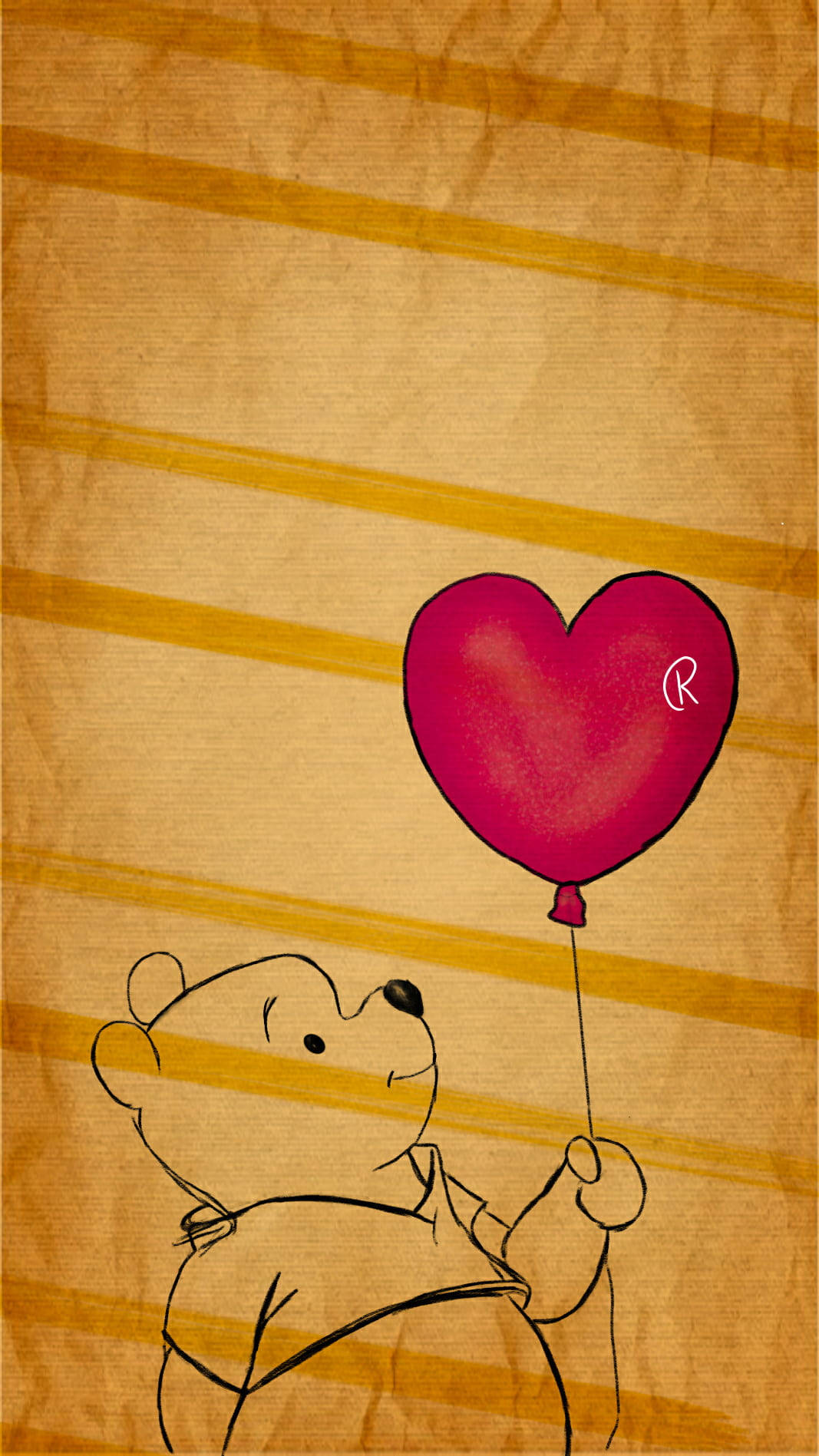 Winnie The Pooh, pink heart balloon, warm striped parchment background, HD Phone Wallpaper