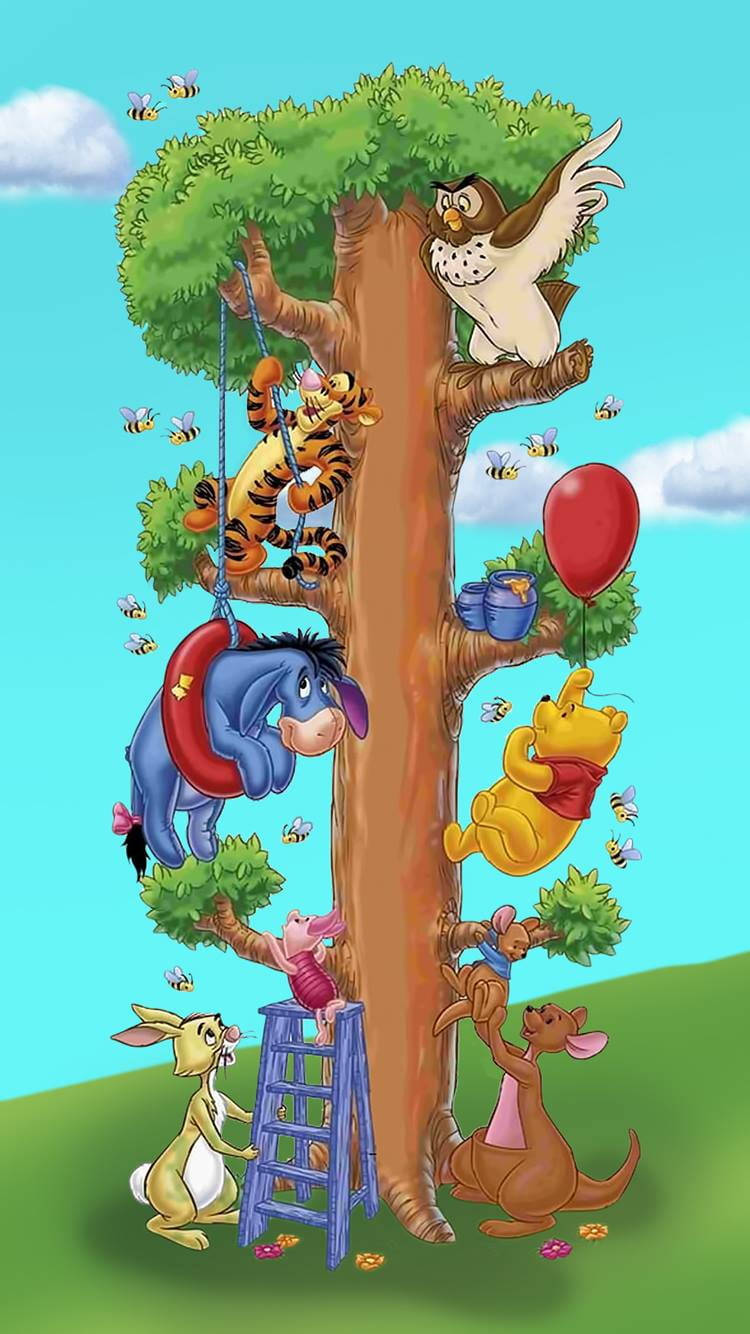 Winnie the Pooh, friends, giant tree, HD Phone Wallpaper