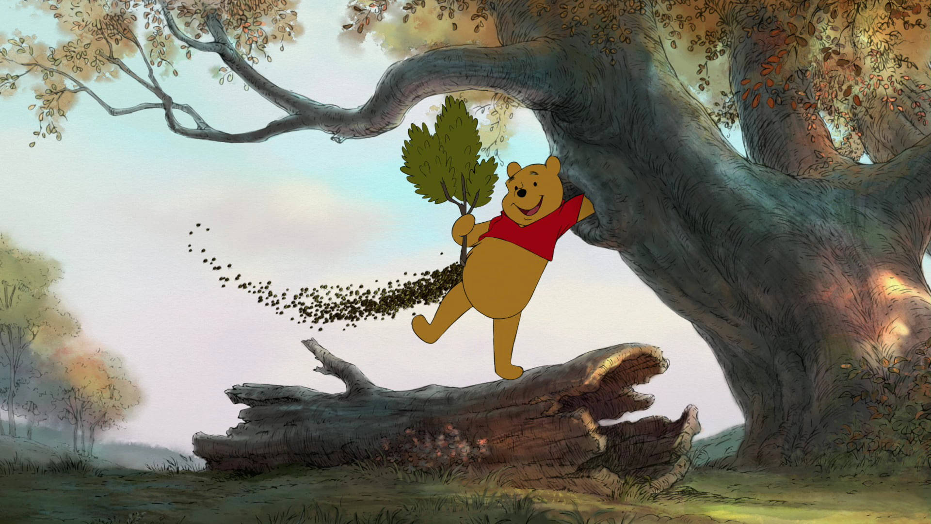 Winnie the Pooh, red shirt, tree branch, Full HD Desktop Wallpaper