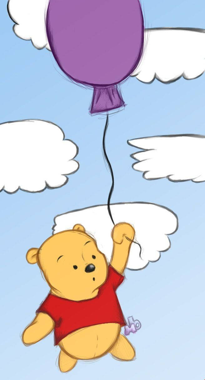 Winnie the Pooh, purple balloon, bright blue sky, SD Phone Wallpaper