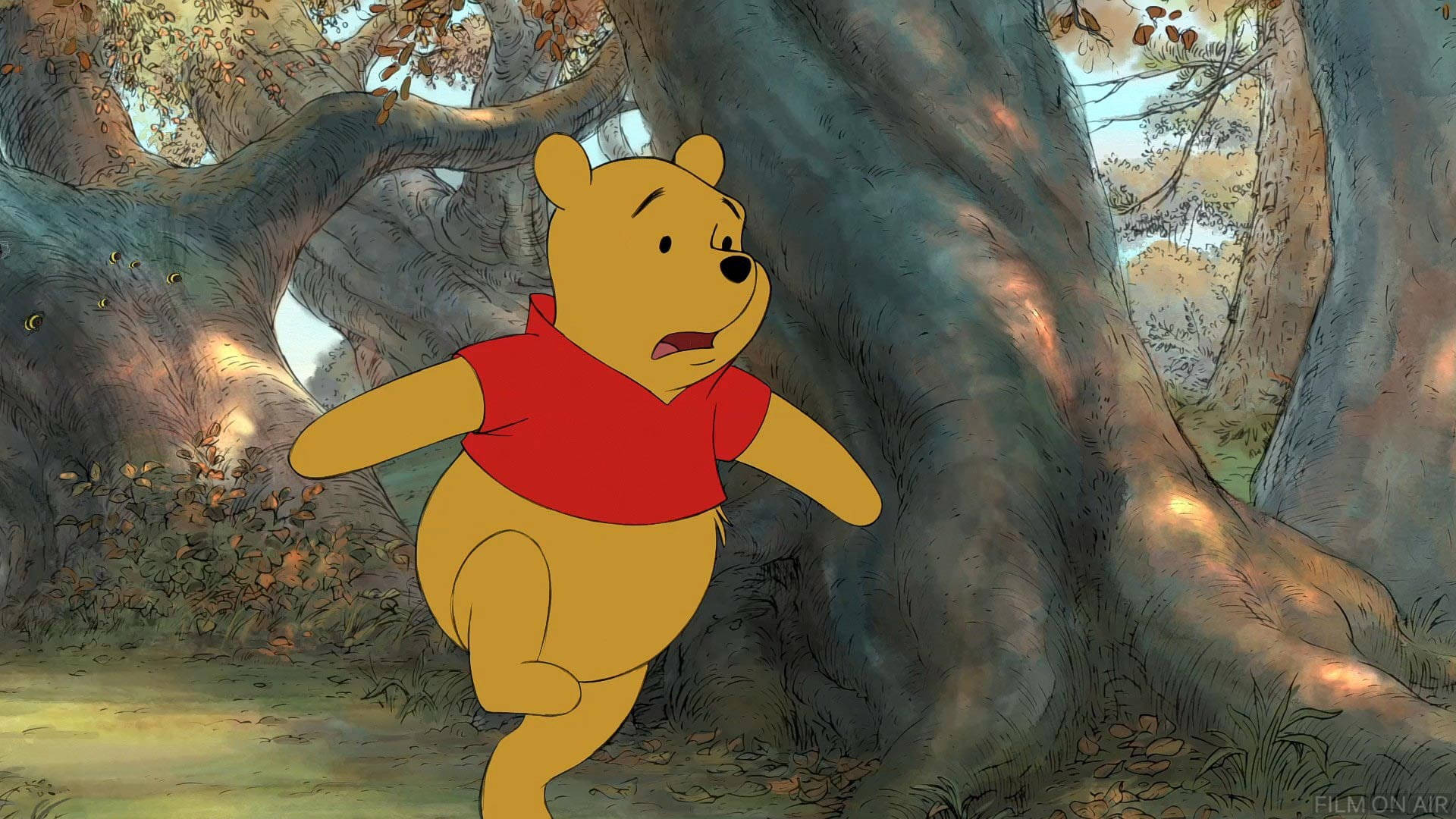 Winnie the Pooh, red shirt, sunlit forest, Full HD Desktop Wallpaper