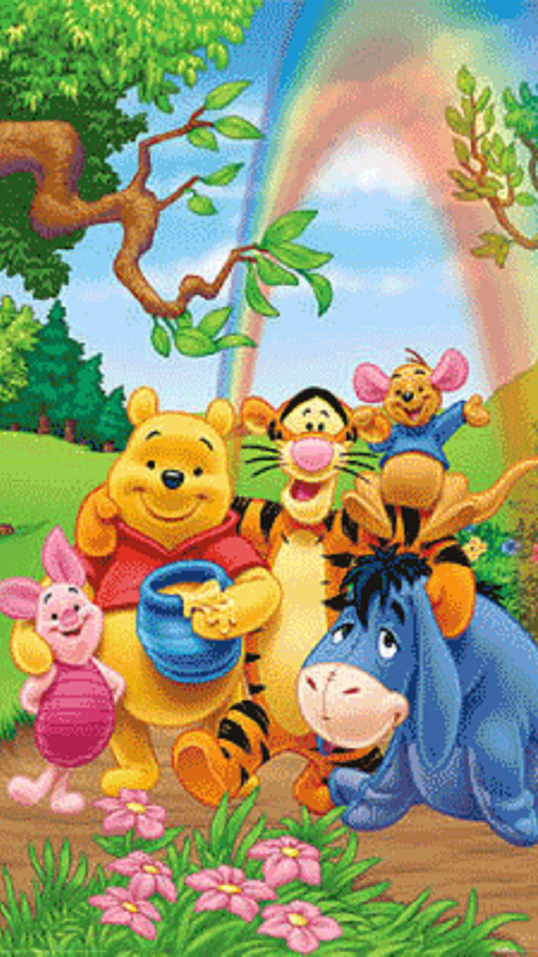 Winnie the Pooh, friends, vibrant rainbow, Full HD Phone Wallpaper