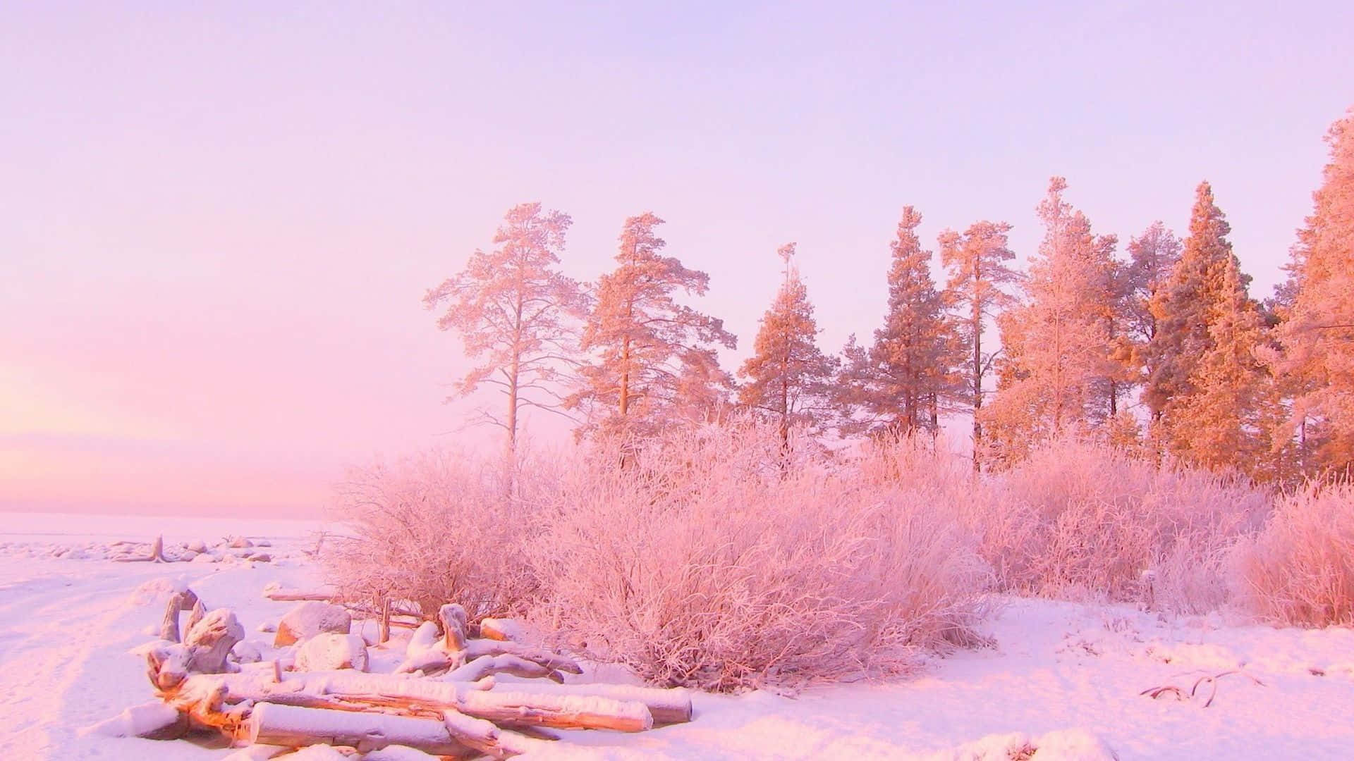 snowy winter landscape, soft pink and peach hues, sunrise or sunset, Full HD Desktop Wallpaper