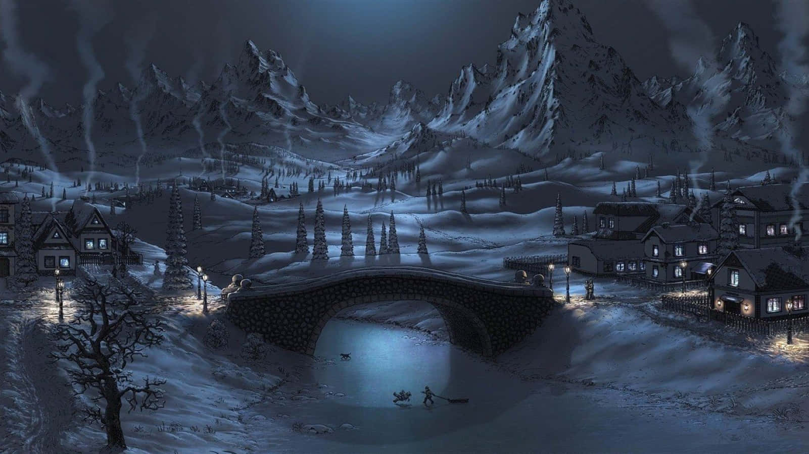 snowy mountain village, night, stone bridge, HD Desktop Wallpaper