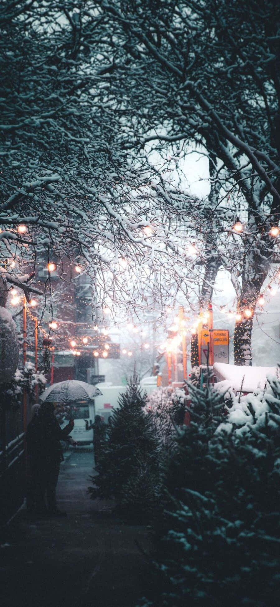 snowy urban alleyway, dusk, string lights, Full HD Phone Wallpaper