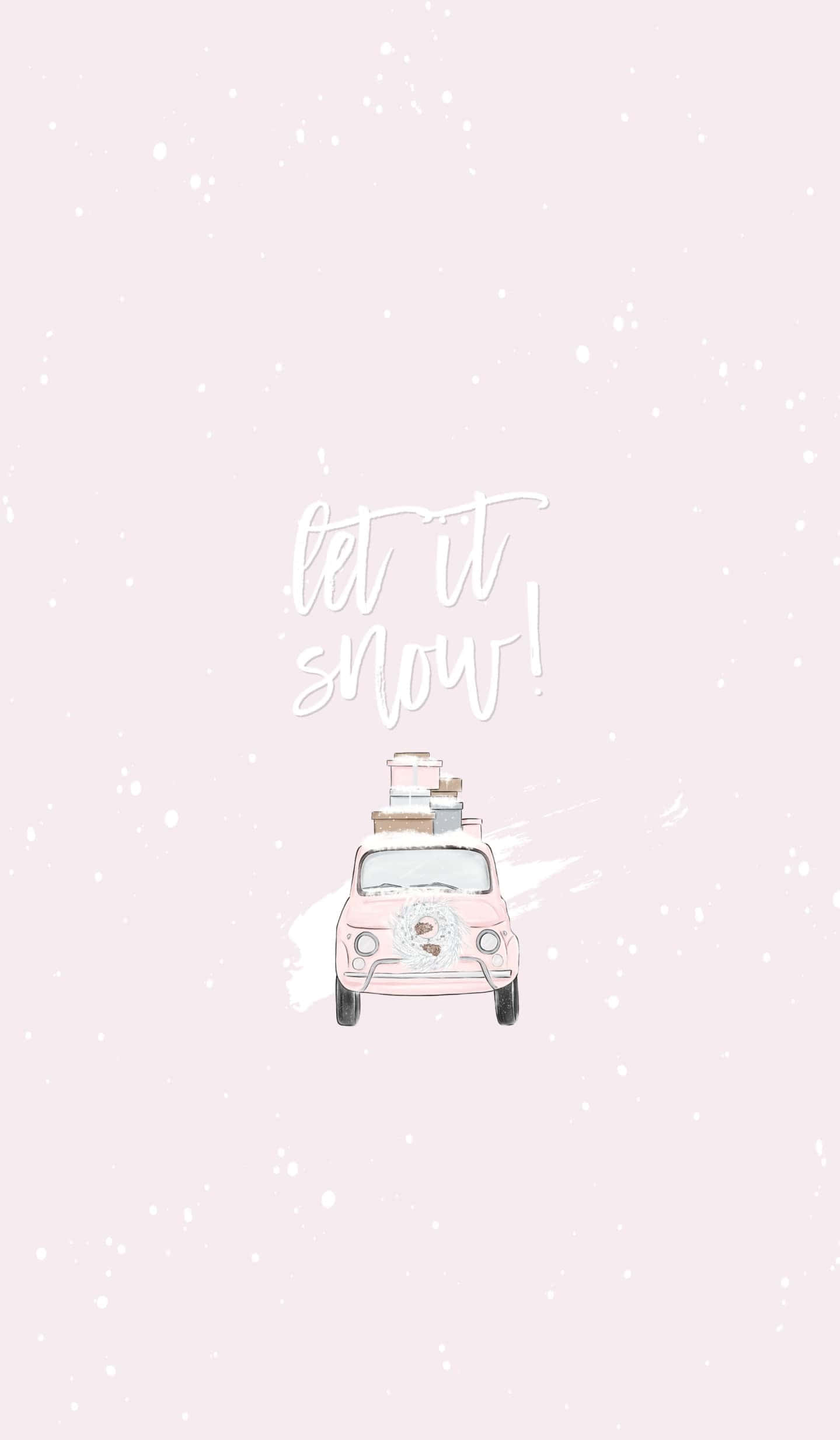 pink vintage car, luggage on roof, falling snow, Full HD Phone Wallpaper