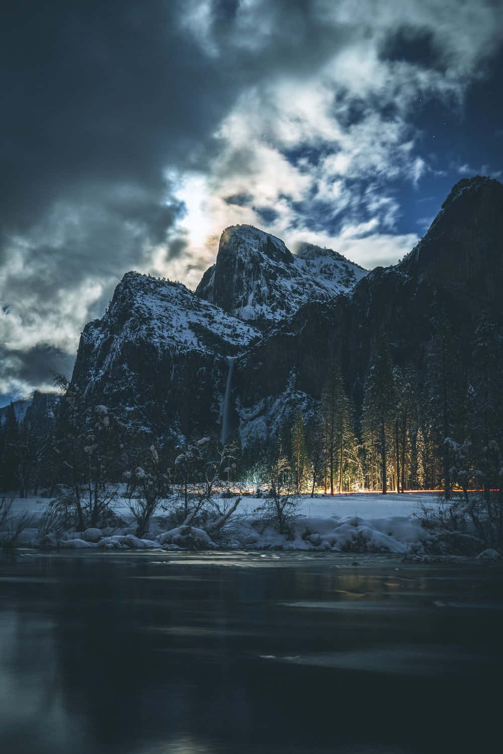 Snowy mountain peaks, dramatic cloudy sky, river, HD Phone Wallpaper