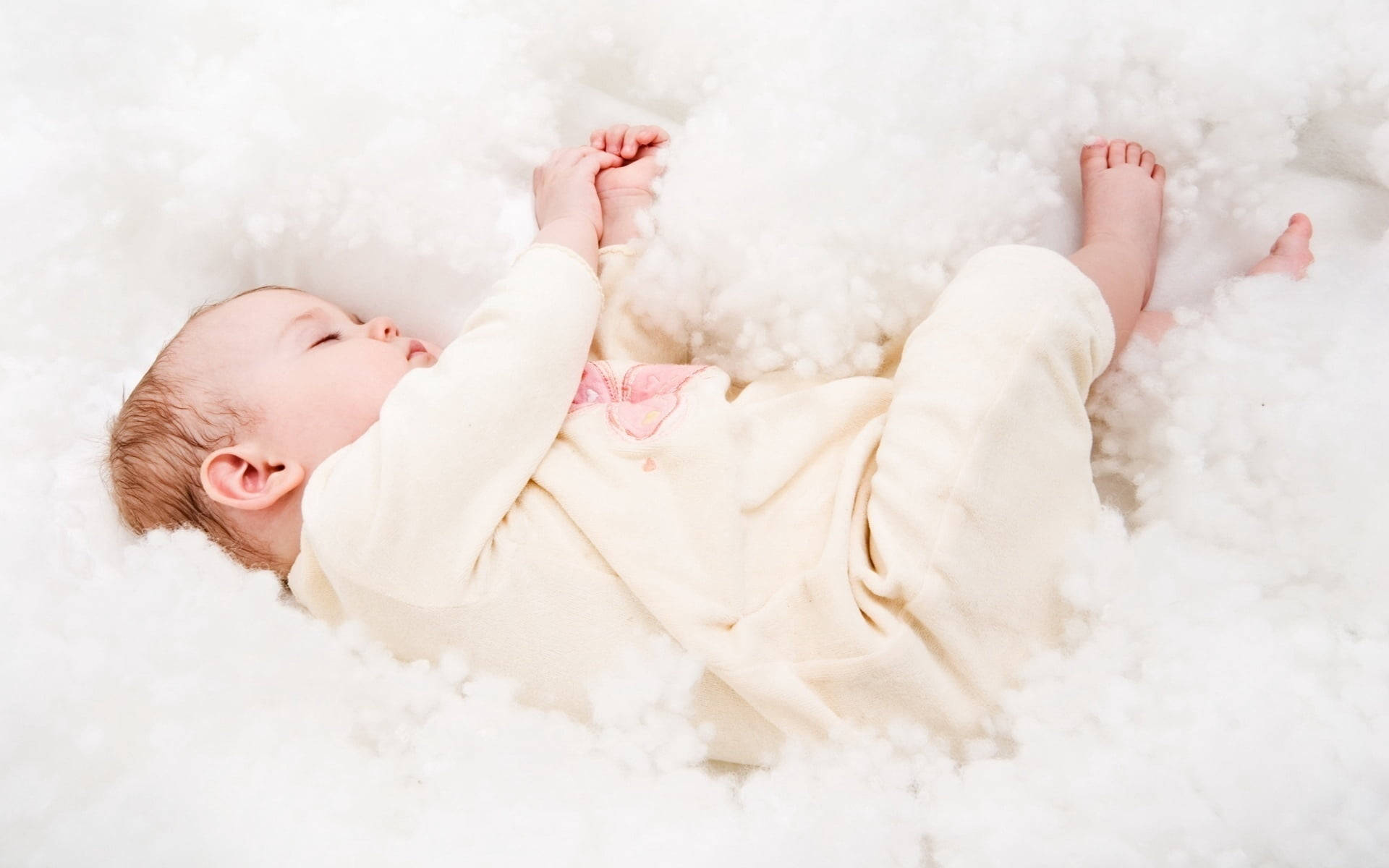 baby, soft fluffy white cloud-like bed, cream onesie, Full HD Desktop Wallpaper
