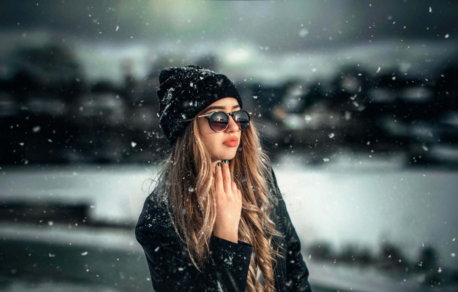 black beanie, sunglasses, falling snow, HD Desktop Wallpaper