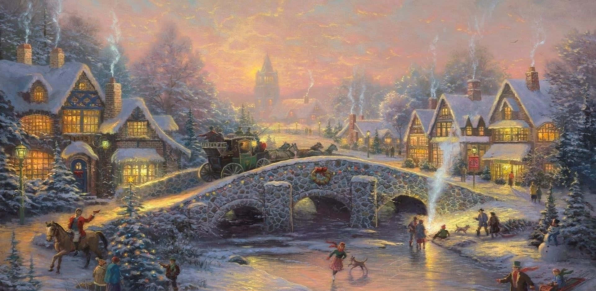 cozy village, dusk, people skate, Full HD Desktop Wallpaper