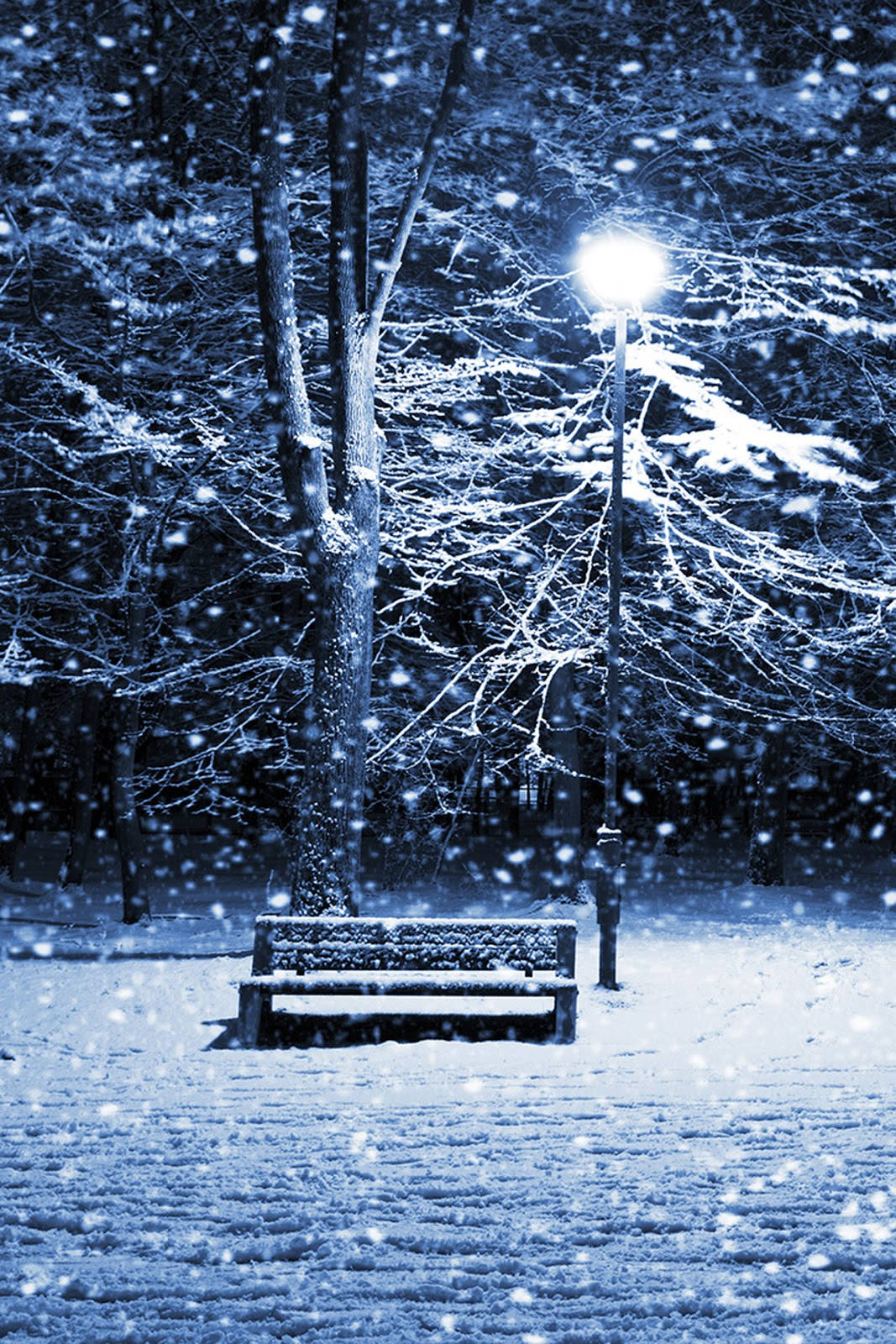Cute Winter iPhone, snow-covered bench, streetlamp, HD Phone Wallpaper
