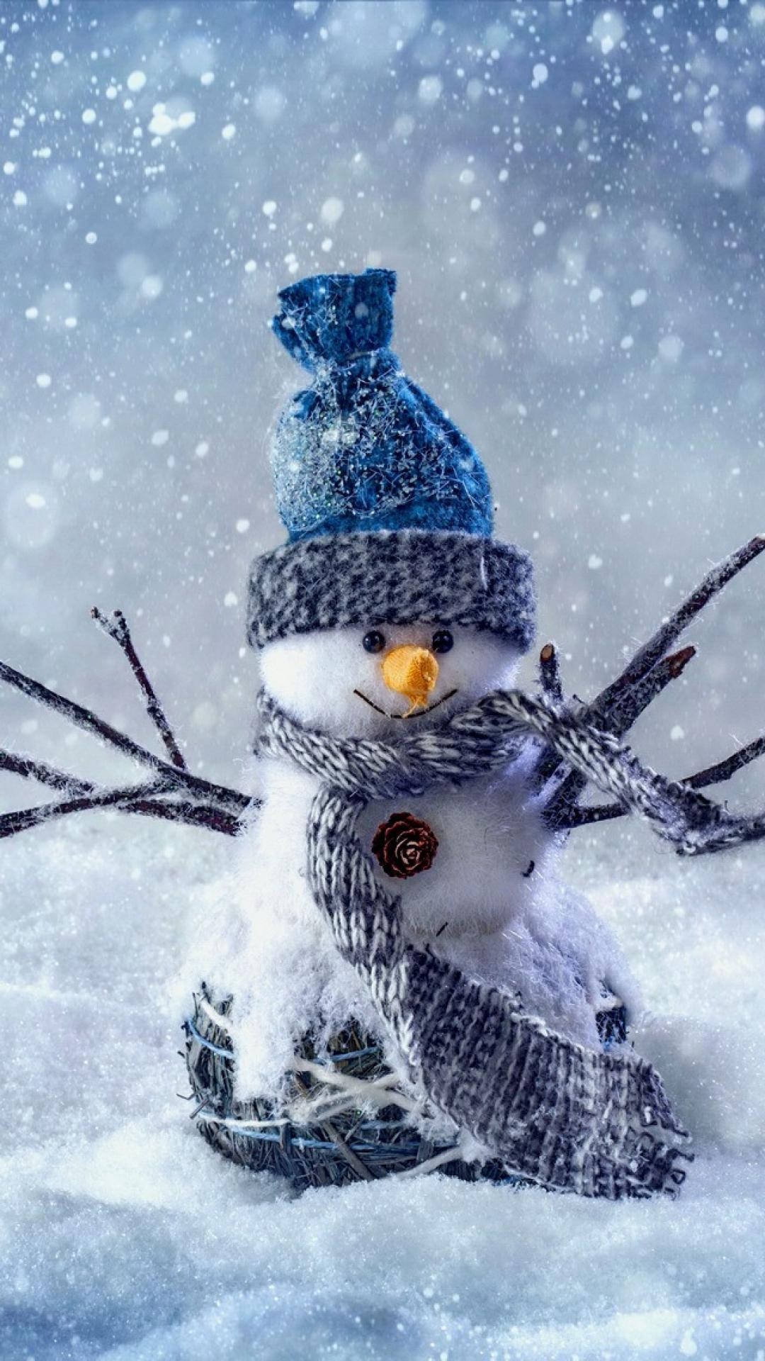 cute winter iphone, snowman, blue knit hat, Full HD Phone Wallpaper