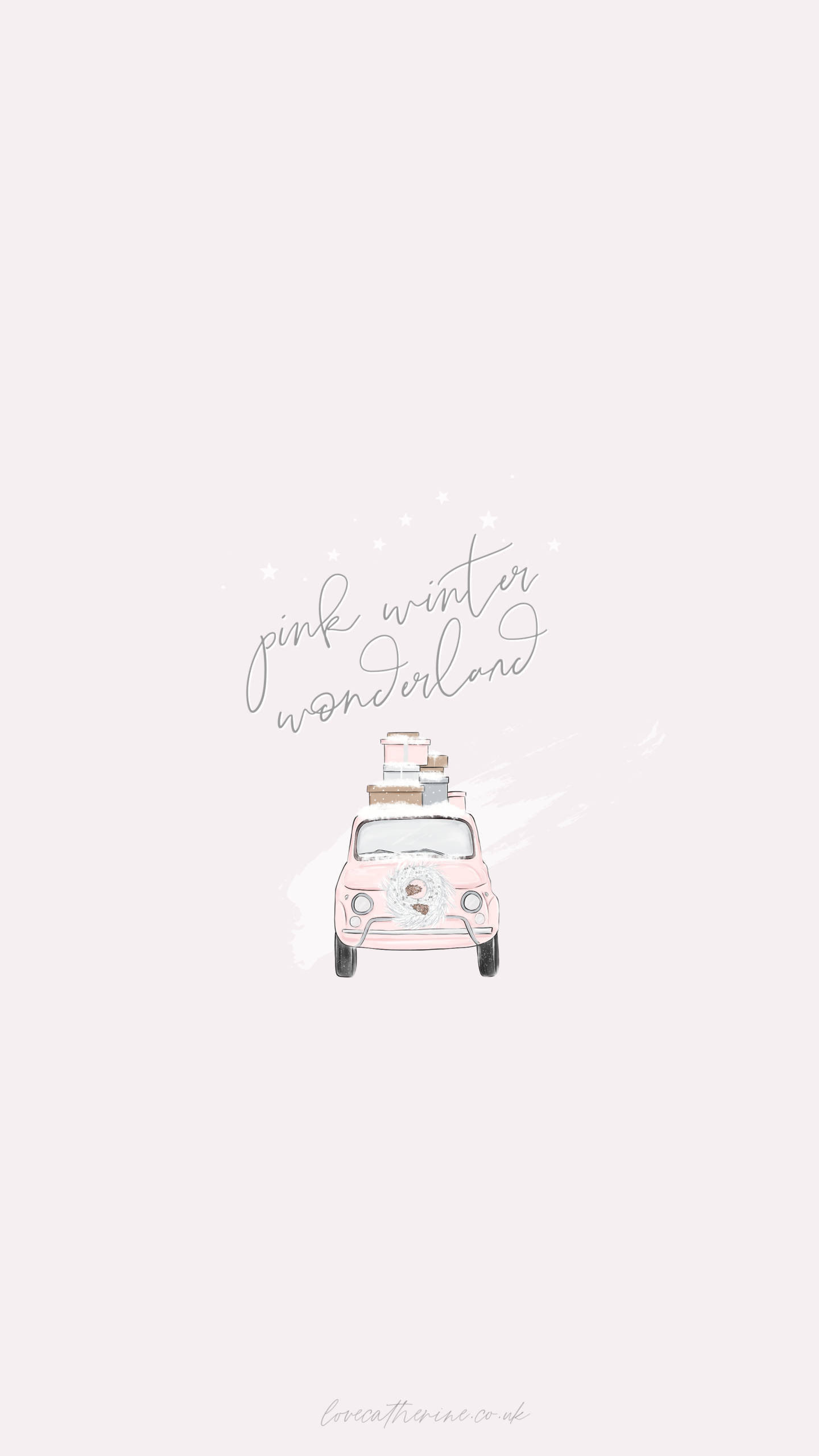 pink vintage car, luggage on roof, minimalist winter wonderland, 2K Phone Wallpaper