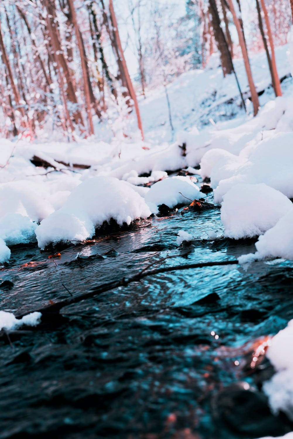cute winter iphone, winter stream, snow-covered forest, HD Phone Wallpaper
