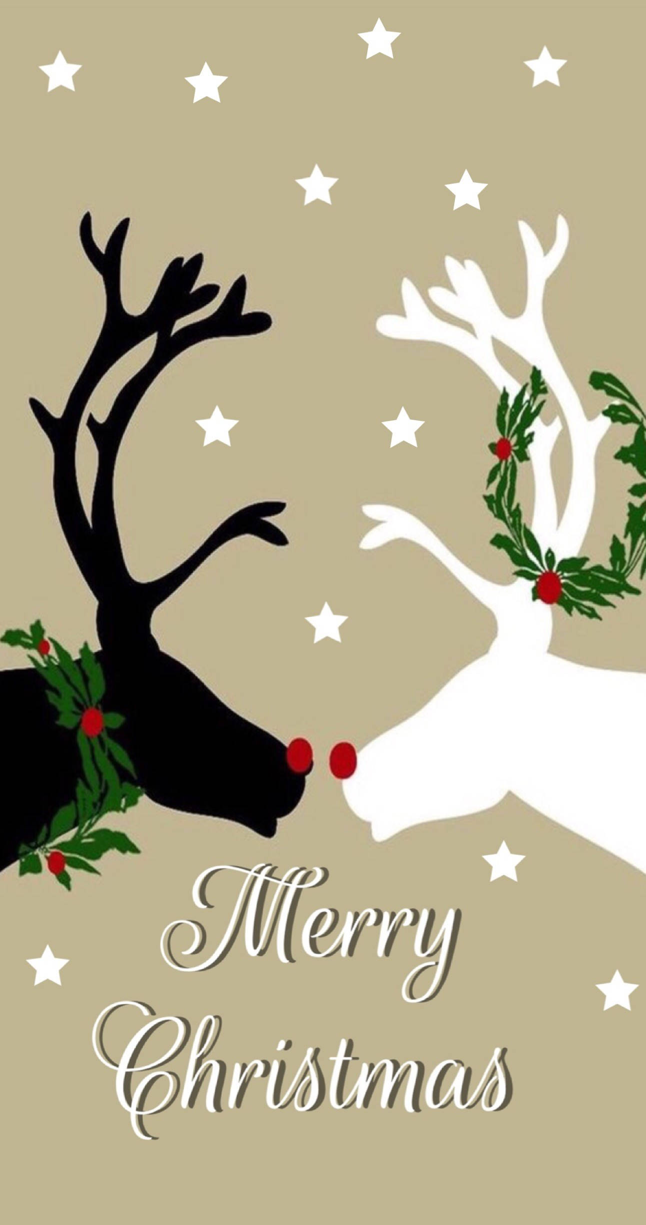 reindeer silhouettes, black one white, beige background, Full HD Phone Wallpaper
