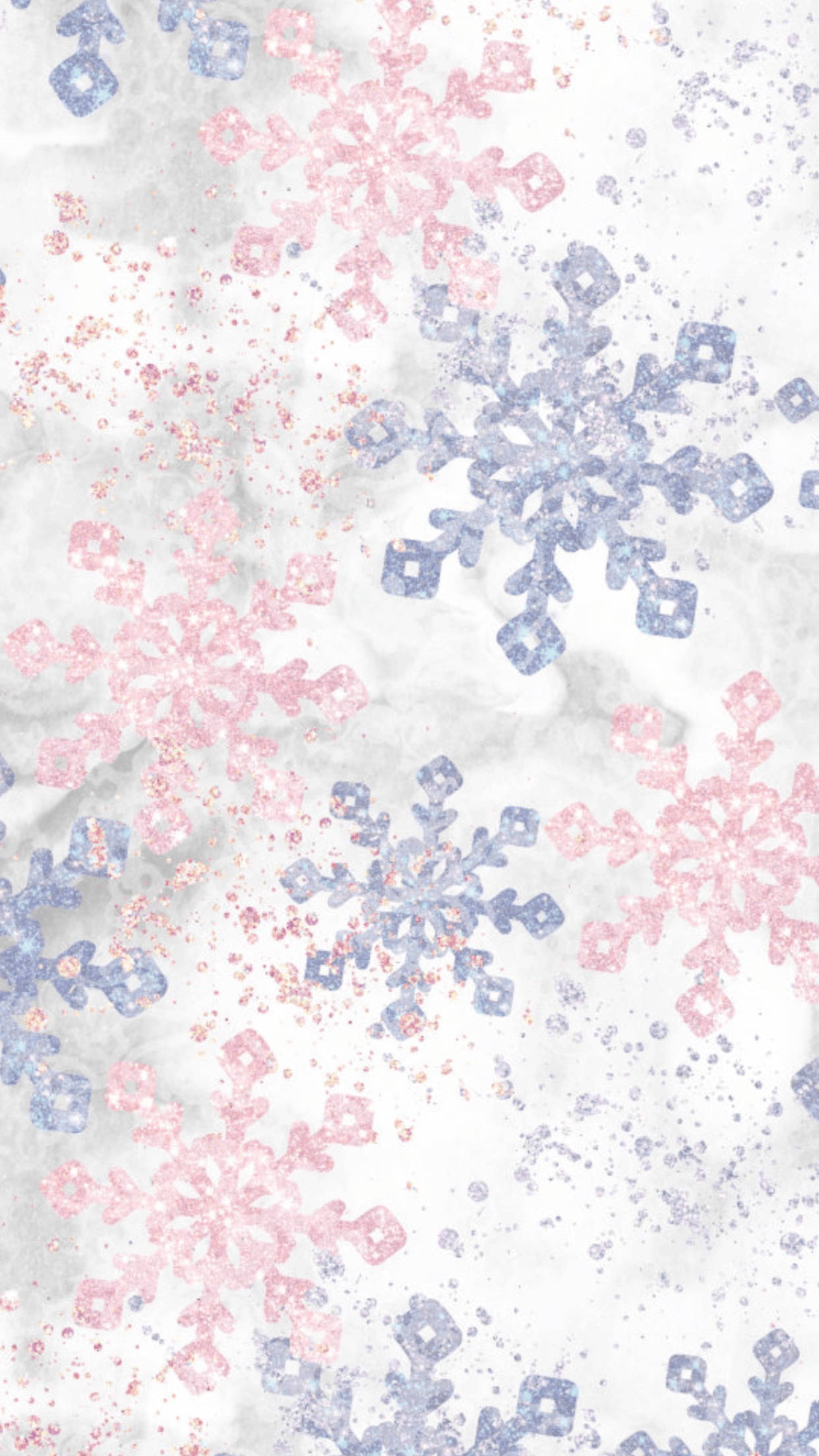 pastel pink, blue glittery snowflakes, textured white marble background, Full HD Phone Wallpaper