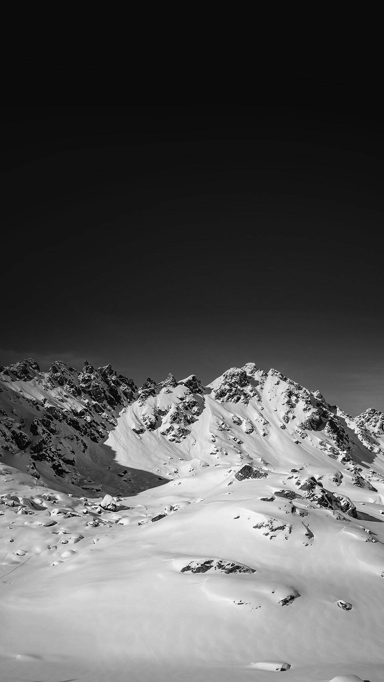 black and white mountain range, snow, dark gradient sky, Full HD Phone Wallpaper