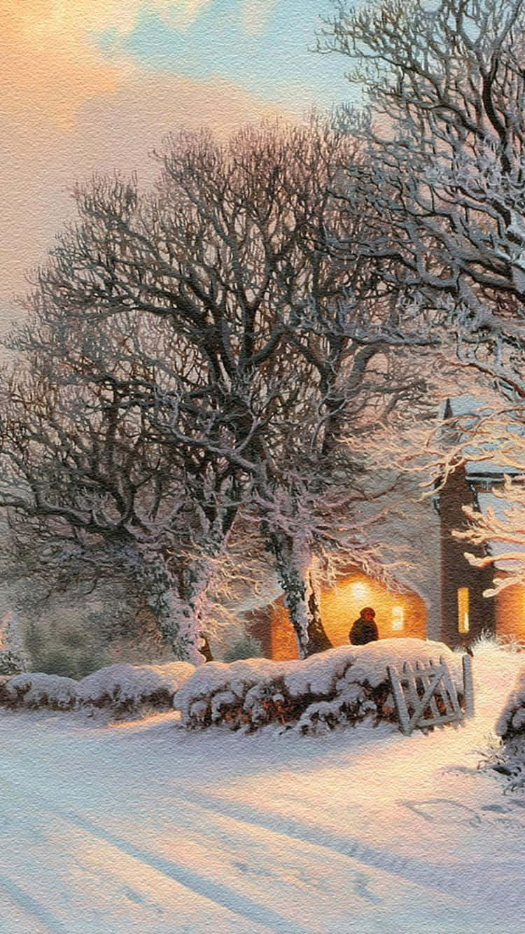 Snow Trees, cottage, dusk, HD Phone Wallpaper