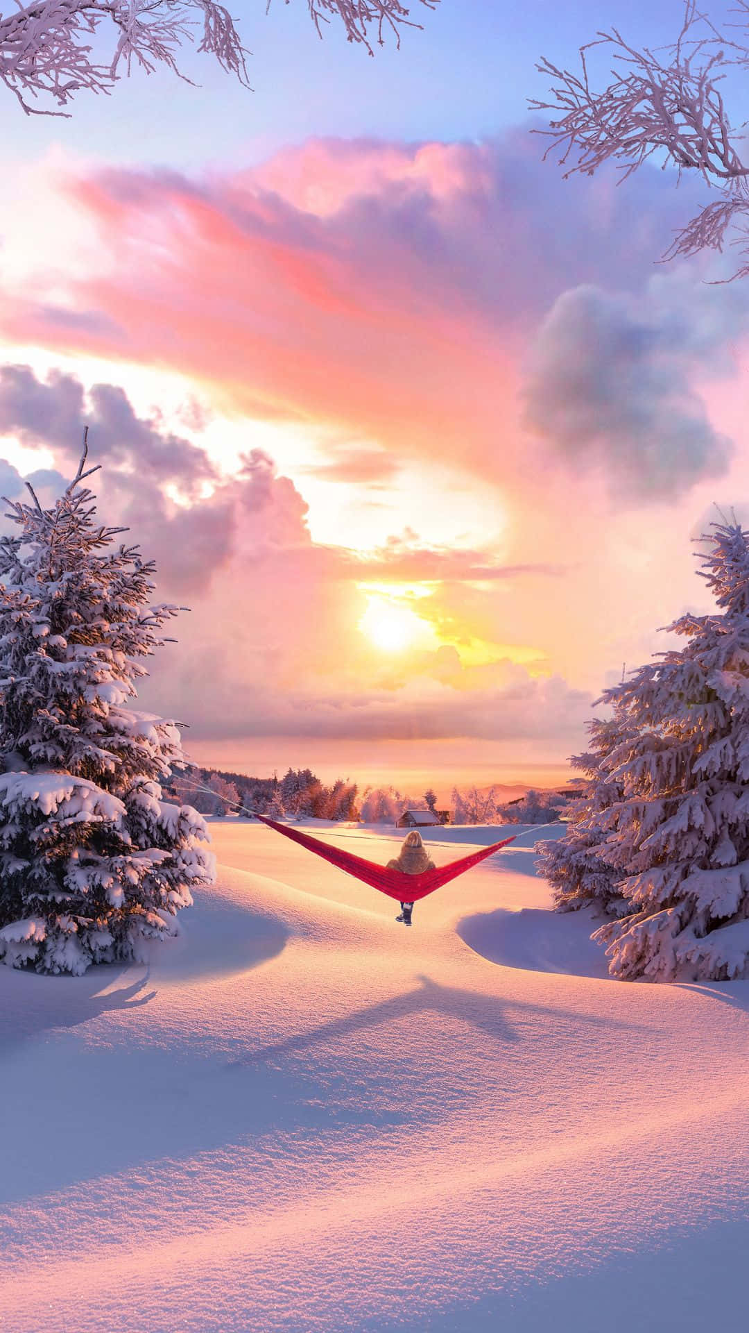 red hammock, snow-covered pine trees, vibrant pink and orange sunset sky, Full HD Phone Wallpaper