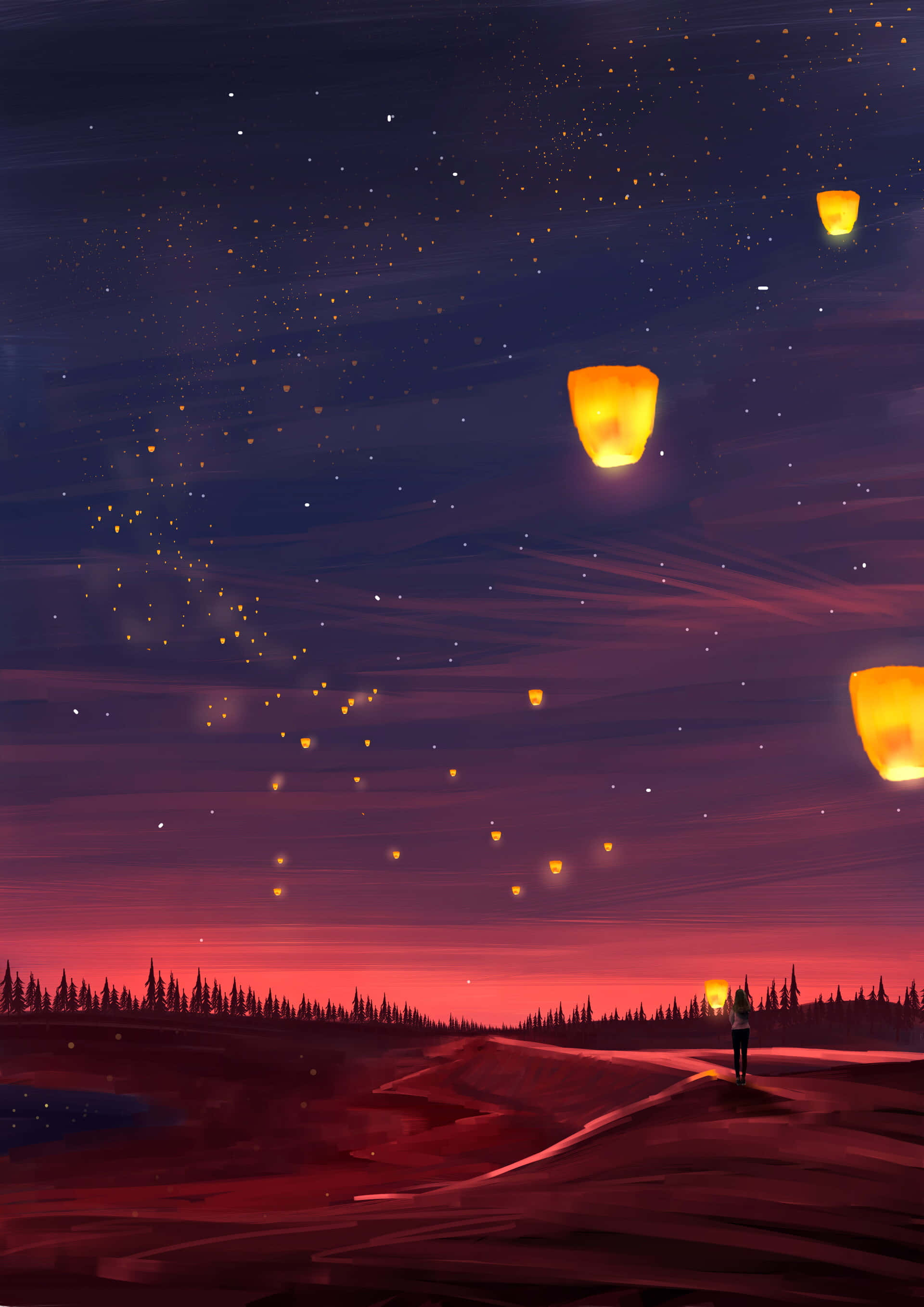 Cute Winter Lanterns Phone, twilight, glowing lanterns, 2K Phone Wallpaper