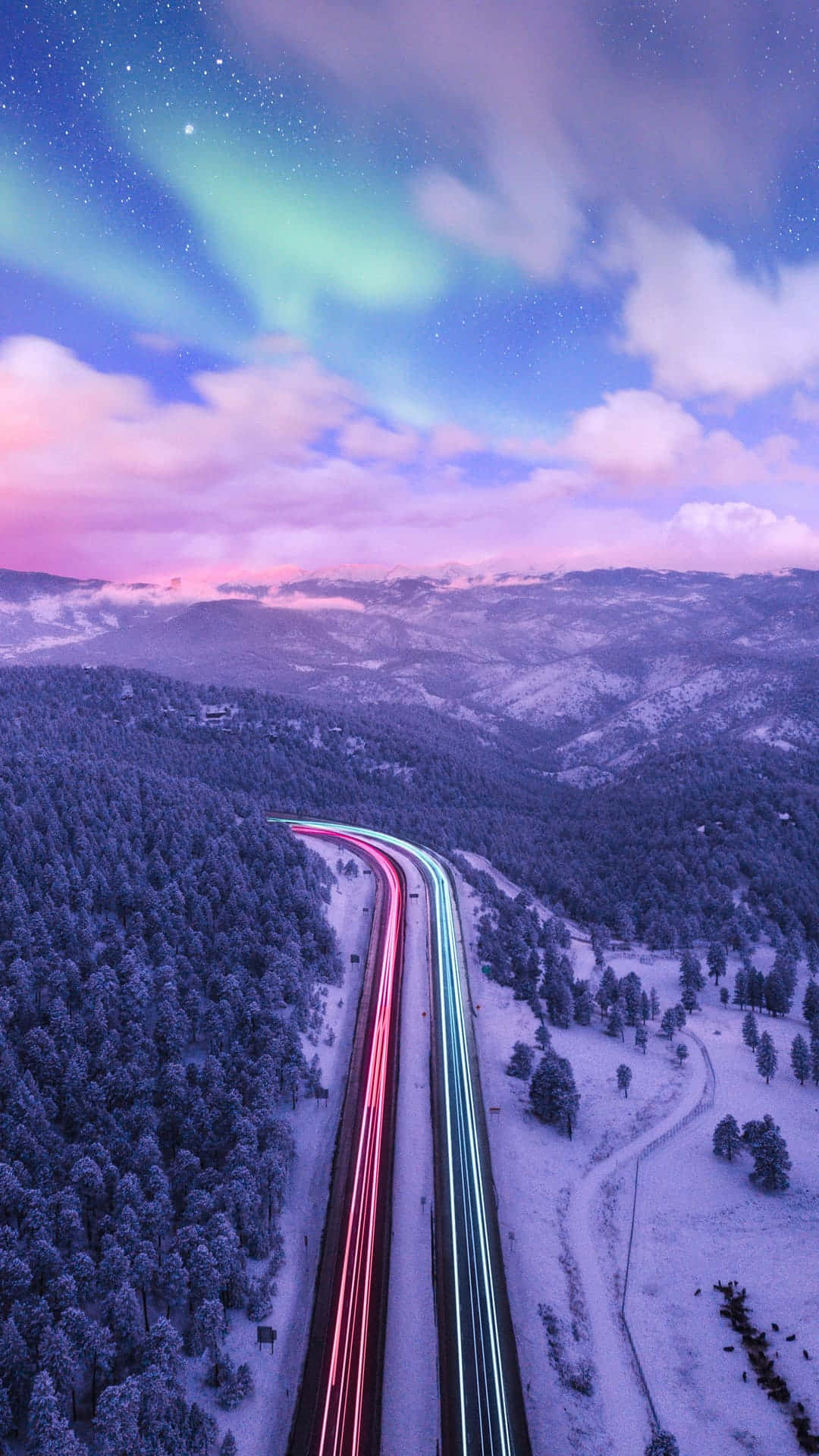 aurora borealis, winding highway, snow-covered forests, Full HD Phone Wallpaper
