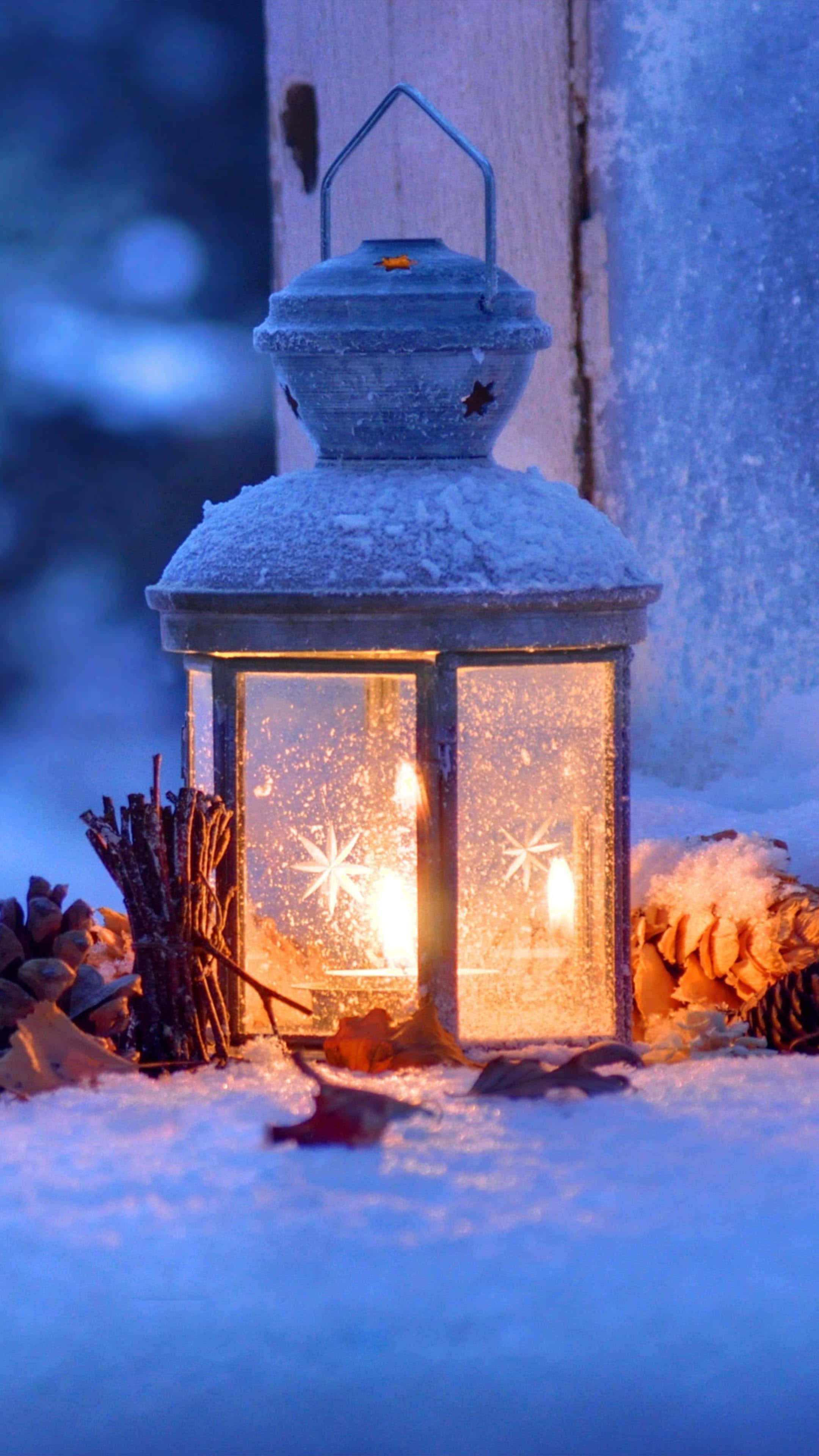 lantern, snow-dusted, frosty blue winter backdrop, 4K Phone Wallpaper