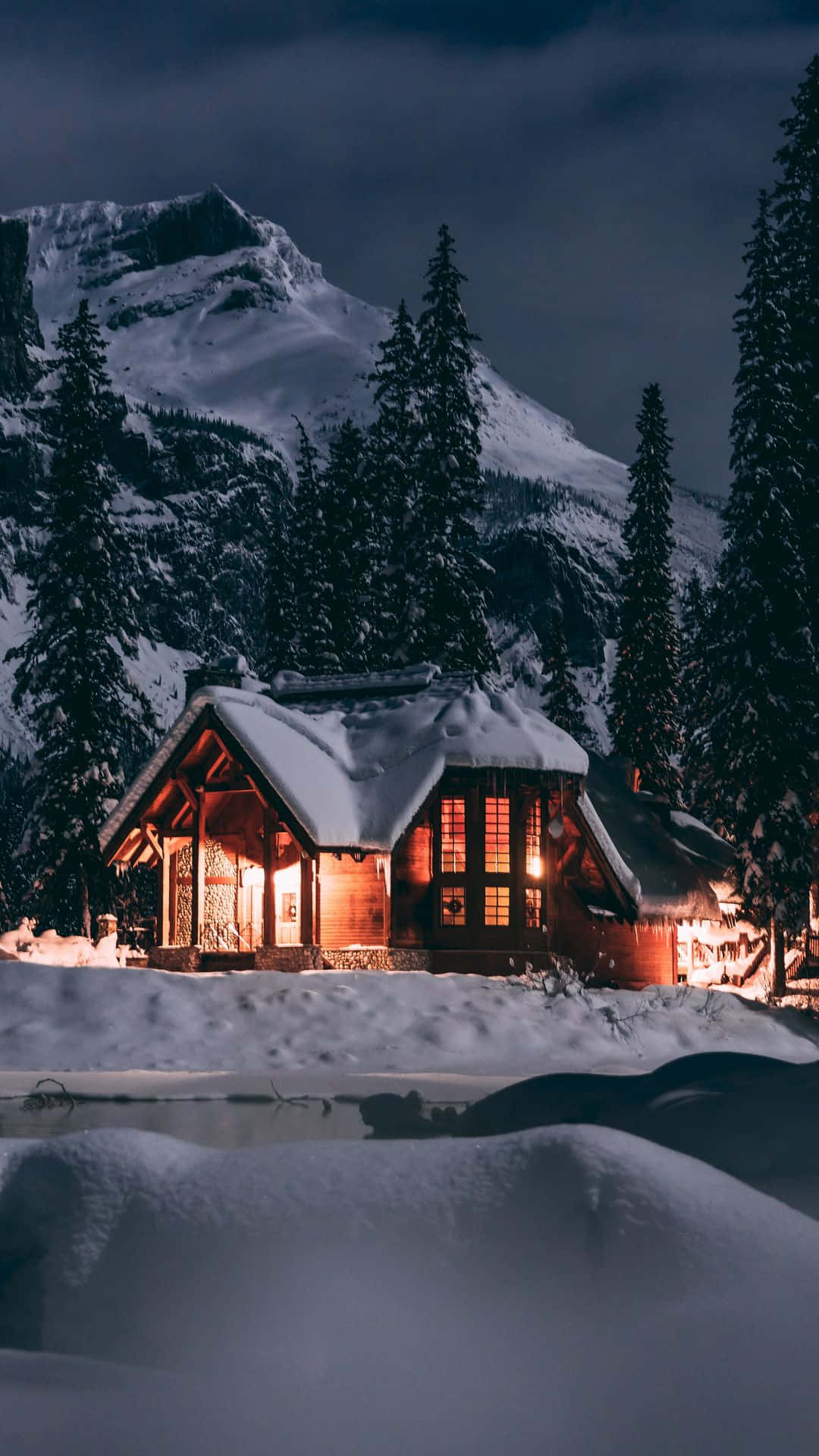 cute winter phone, snow-covered cabin, dark mountain backdrop, Full HD Phone Wallpaper