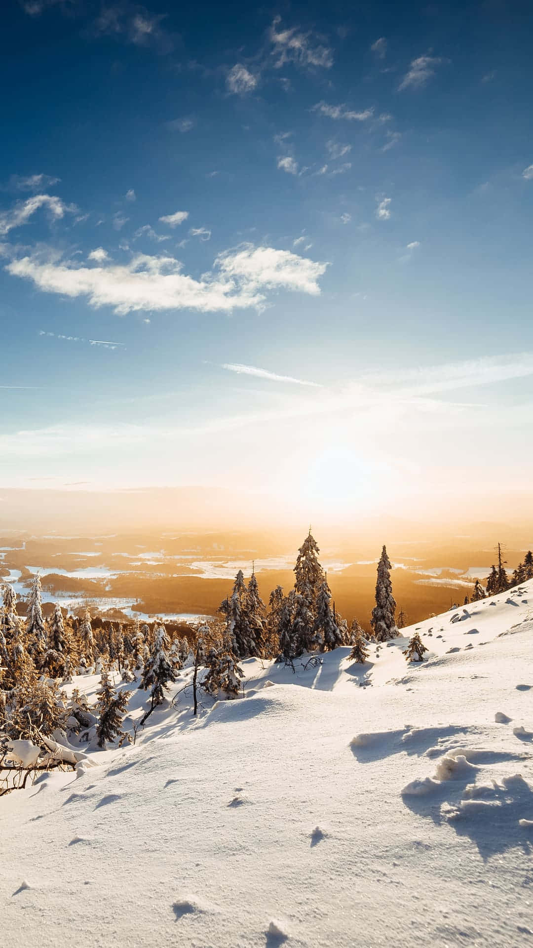 Sunset, snow-covered pine trees, vast valley, Full HD Phone Wallpaper