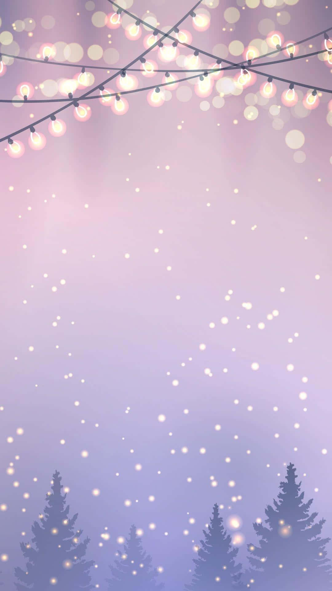 Christmas lights, pine trees, snow, Full HD Phone Wallpaper