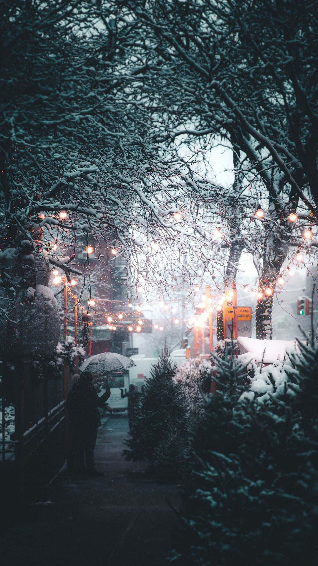 winter aesthetic phone, snowy urban alleyway, snow-laden trees, Full HD Phone Wallpaper