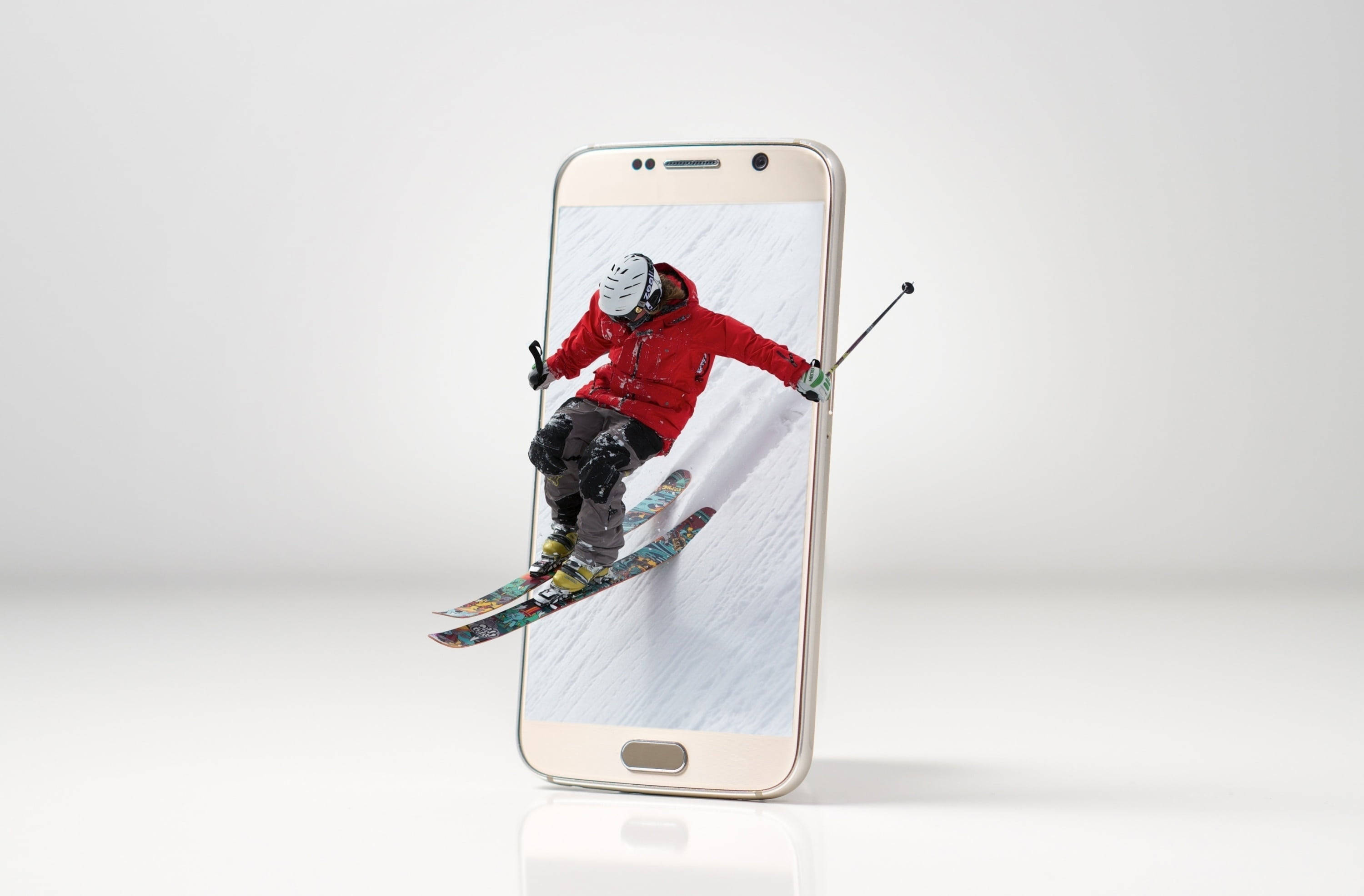 Winter Phone, red jacket, skier, 2K Desktop Wallpaper