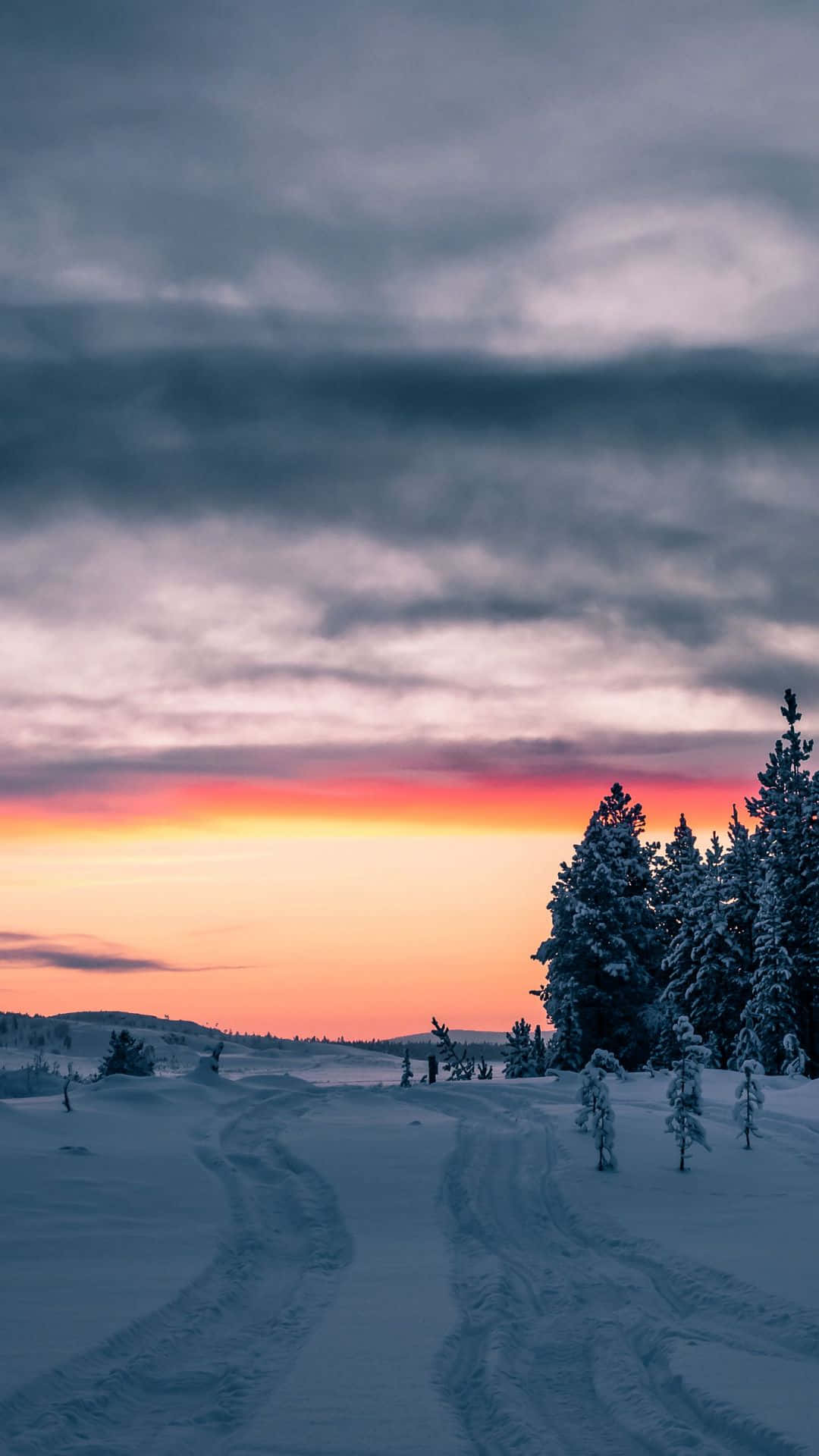 snowy winter landscape, sunset, tire tracks, Full HD Phone Wallpaper