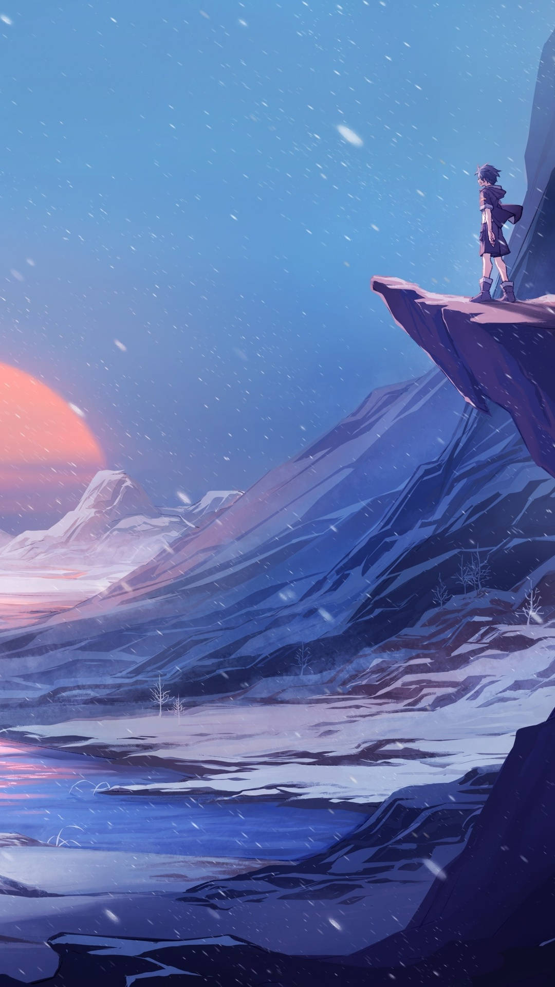 winter phone, snowy cliff, frozen valley, Full HD Phone Wallpaper