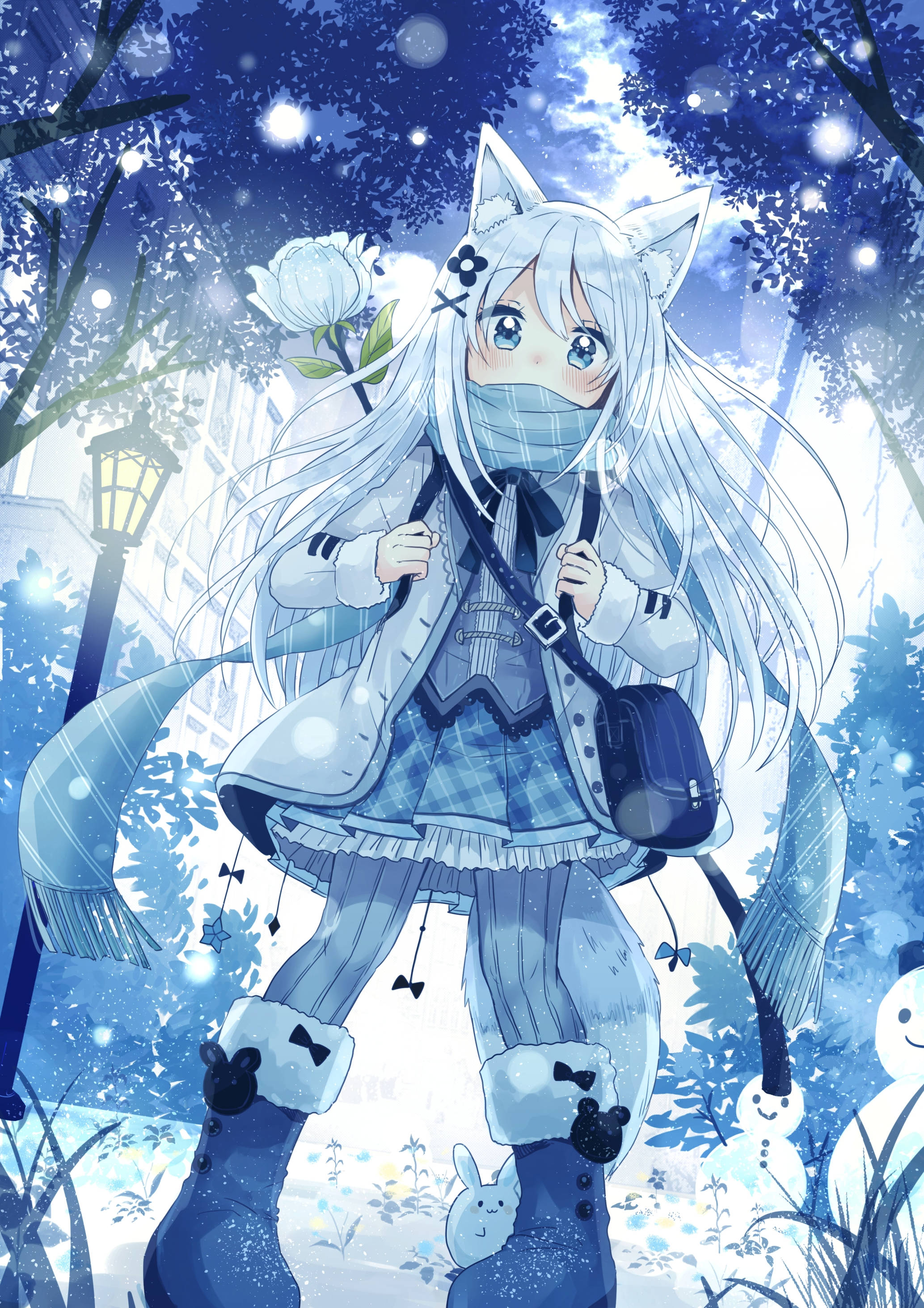 anime girl, fox ears, snowy park, 2K Phone Wallpaper