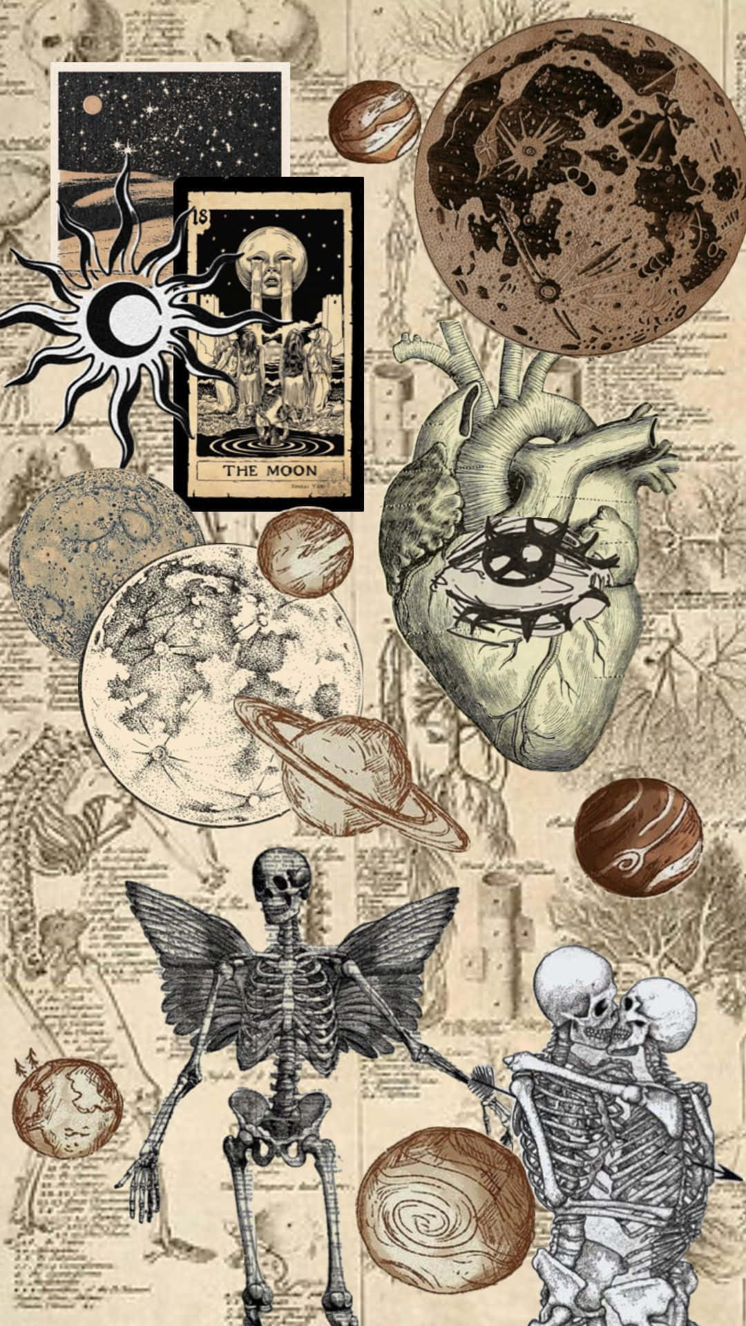 Cute Witchy, vintage themed collage, celestial bodies, Full HD Phone Wallpaper