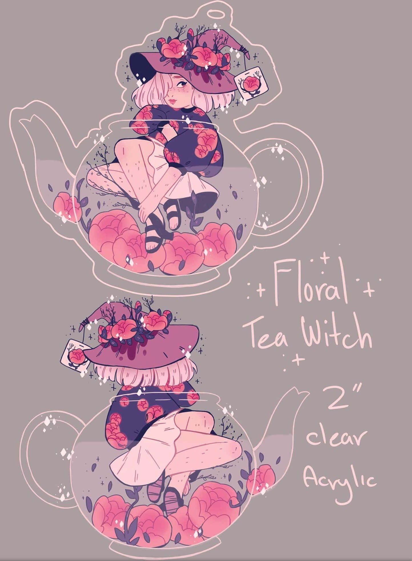 Cute Witchy Floral Tea Drawing, anime witch, pink hair, Full HD Phone Wallpaper