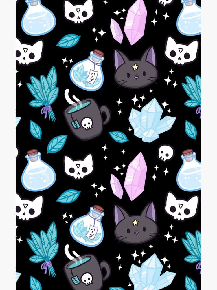 cute witchy cartoon art, kawaii witch, black cats skulls, SD Phone Wallpaper