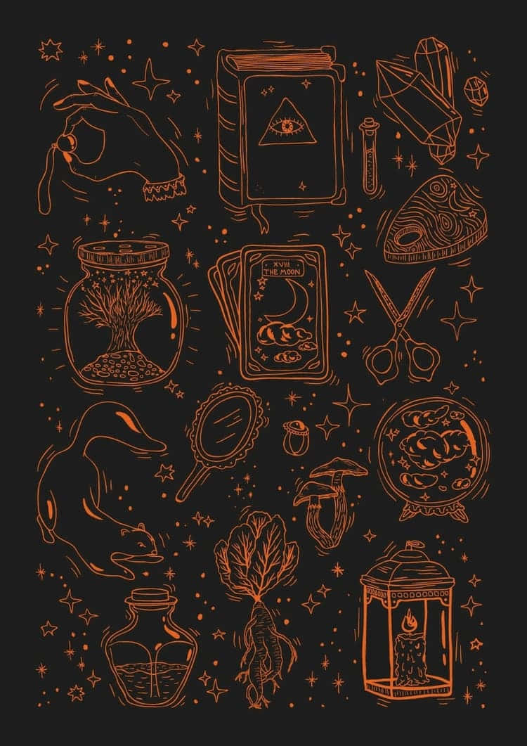 orange ink drawing, cute witchy objects, glowing orange lines, SD Phone Wallpaper