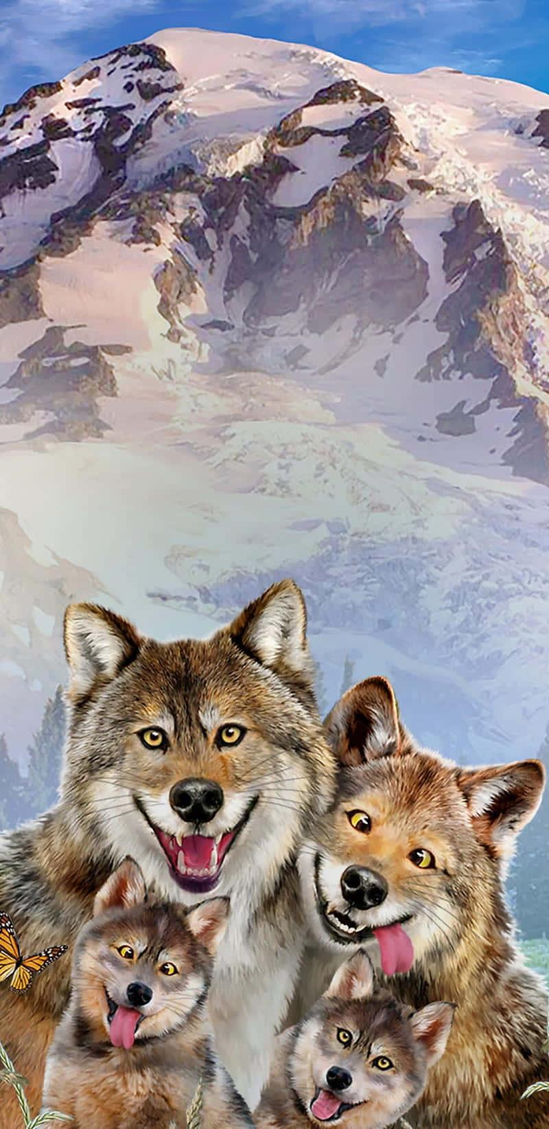 cute wolves, snow-capped mountain range, clear blue sky, HD Phone Wallpaper