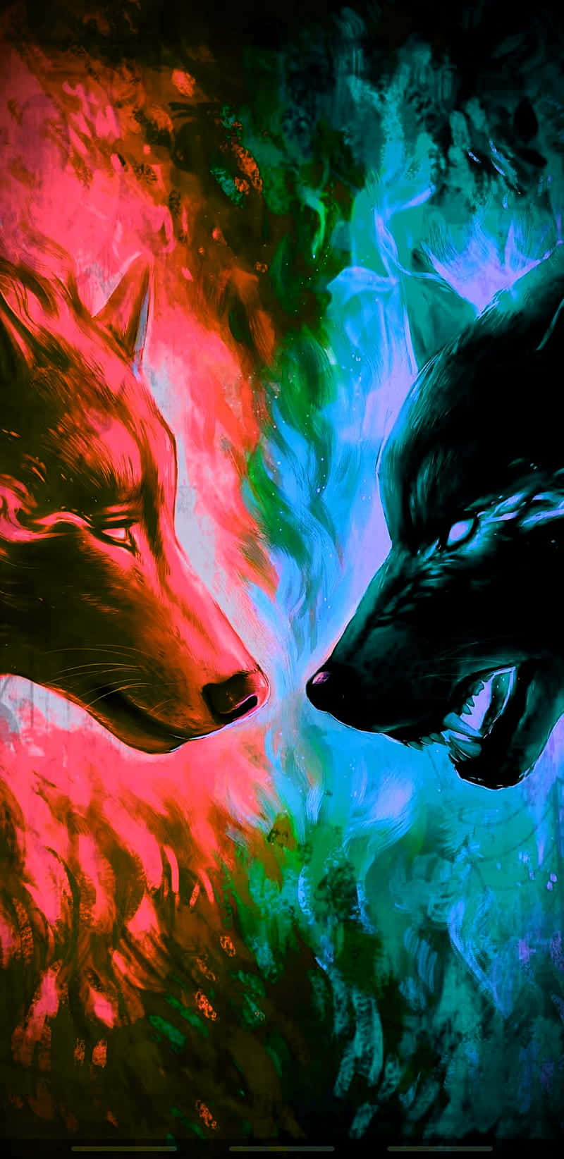 pink wolf, two wolves, fiery red, HD Phone Wallpaper