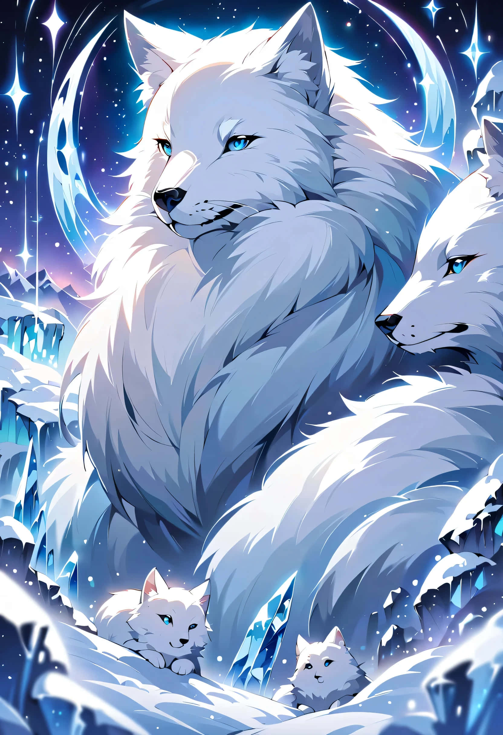 mystical anime wolf family, white wolf, glowing blue eyes, Full HD Phone Wallpaper