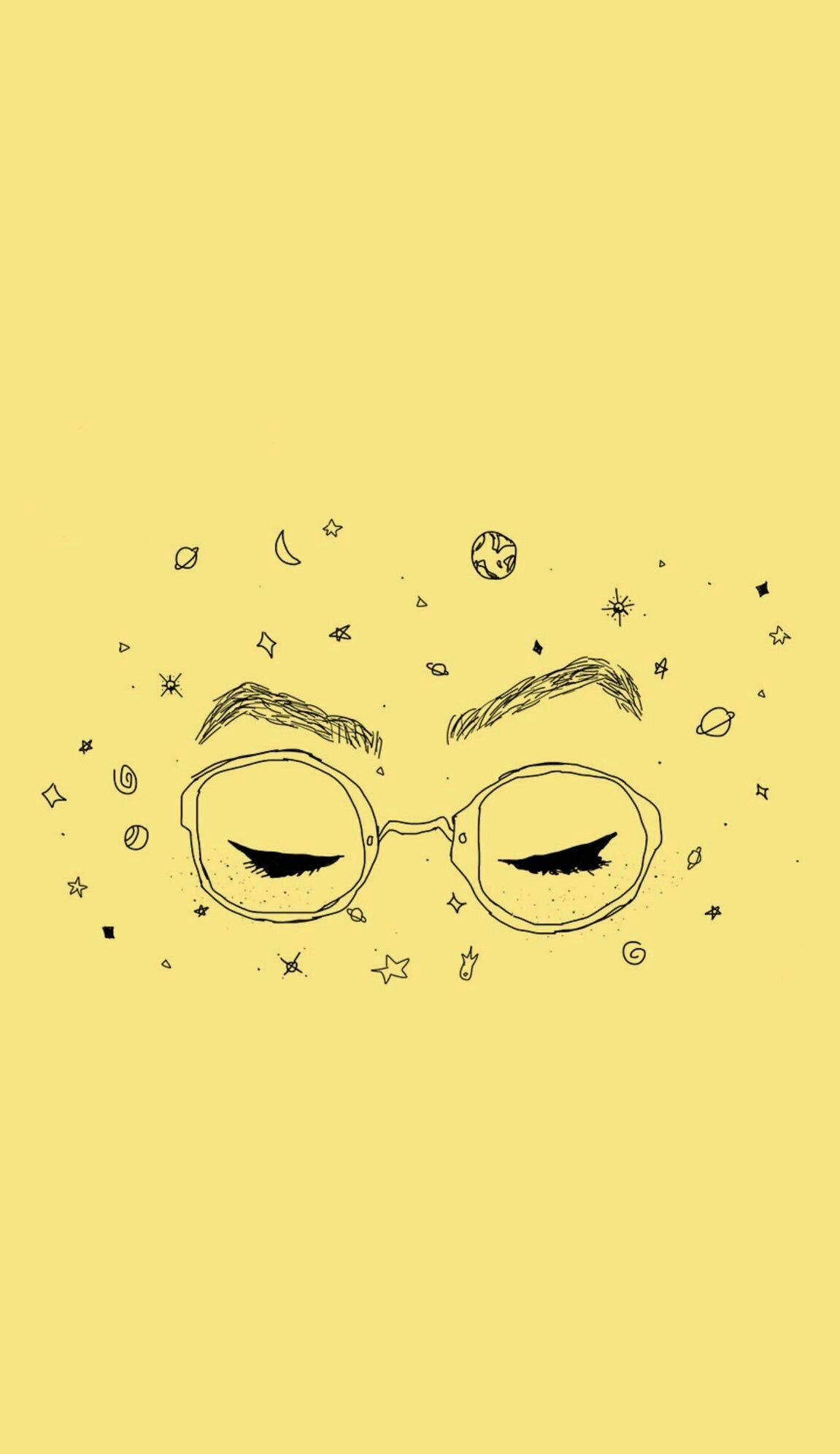 cute yellow aesthetic, minimalist line drawing, closed eyes with glasses, Full HD Phone Wallpaper