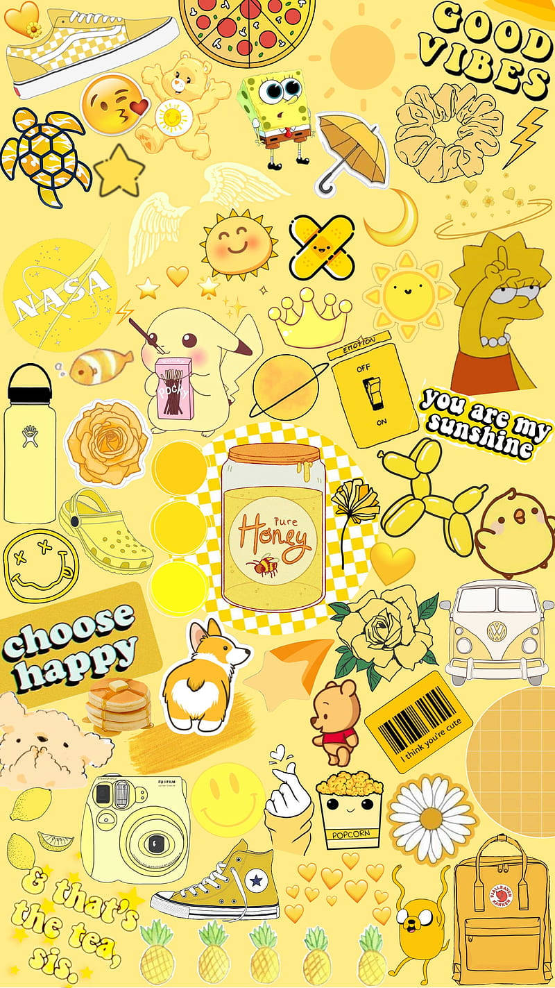 Cute Yellow Aesthetic, cartoon characters, snacks, HD Phone Wallpaper