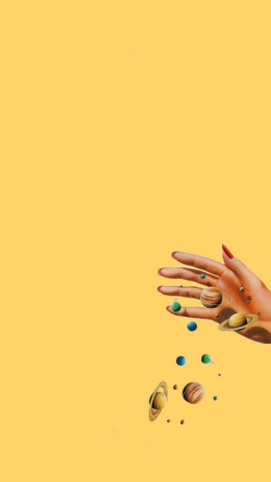cute yellow aesthetic, red nails, miniature planets, Full HD Phone Wallpaper