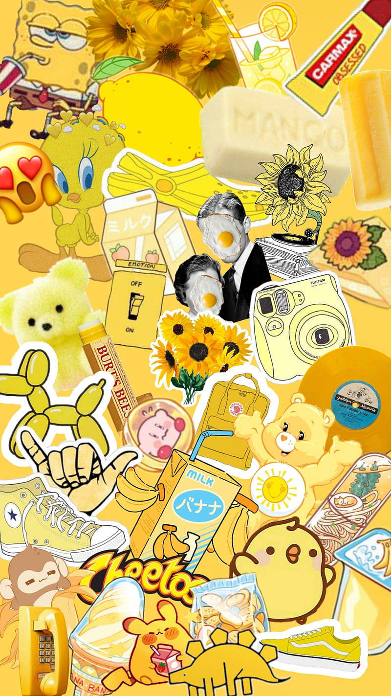 Cute Yellow Aesthetic, cartoon characters, snacks, HD Phone Wallpaper