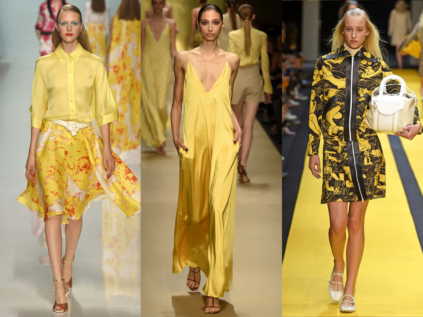 Vibrant Yellow Fashion Aesthetic, runway, floral skirts, HD Desktop Wallpaper