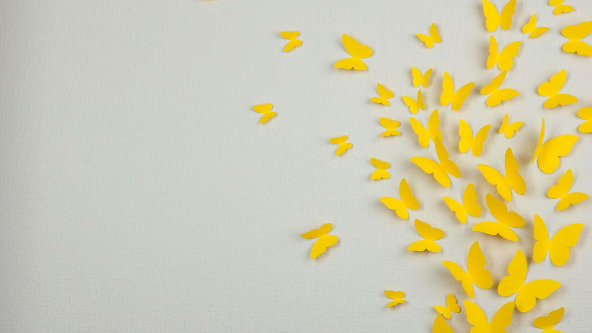 yellow butterflies, textured off-white wall, cheerful decorative pattern, Full HD Desktop Wallpaper