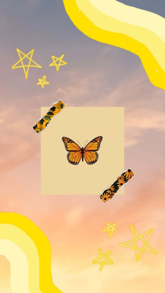 monarch butterfly, beige square, yellow tape, SD Phone Wallpaper