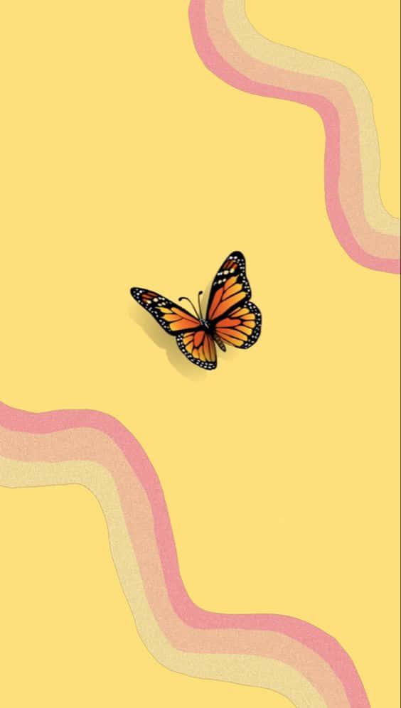 monarch butterfly, soft yellow background, gentle pink and cream wavy stripes, SD Phone Wallpaper